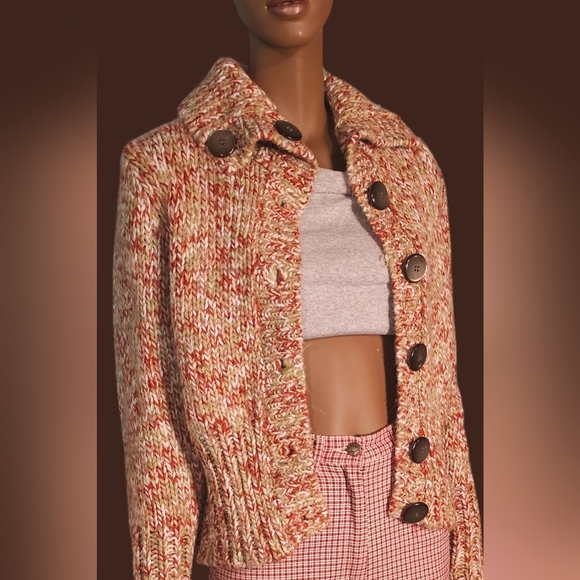 Vintage French Dressing Knit Cardigan Size S Big Brown Buttons Cutest pattern - Picture 5 of 5